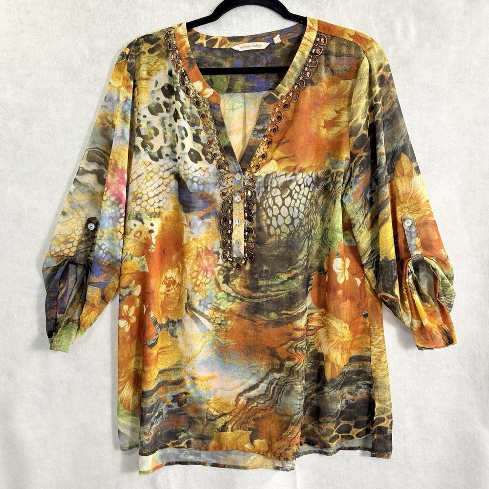 SOFT SURROUNDINGS Women Sheer Pullover Bead Sequin Blouse Sz L Multicolor 1-19